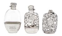 Three Silver Overlay Glass Flasks Height of tallest 6 inches.