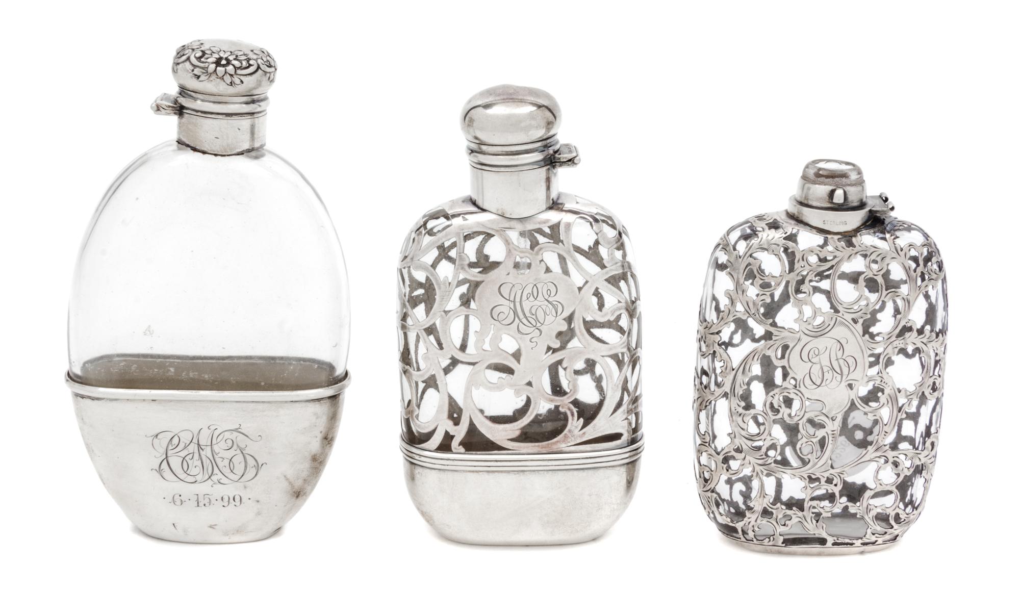 Three Silver Overlay Glass Flasks Height of tallest 6 inches.