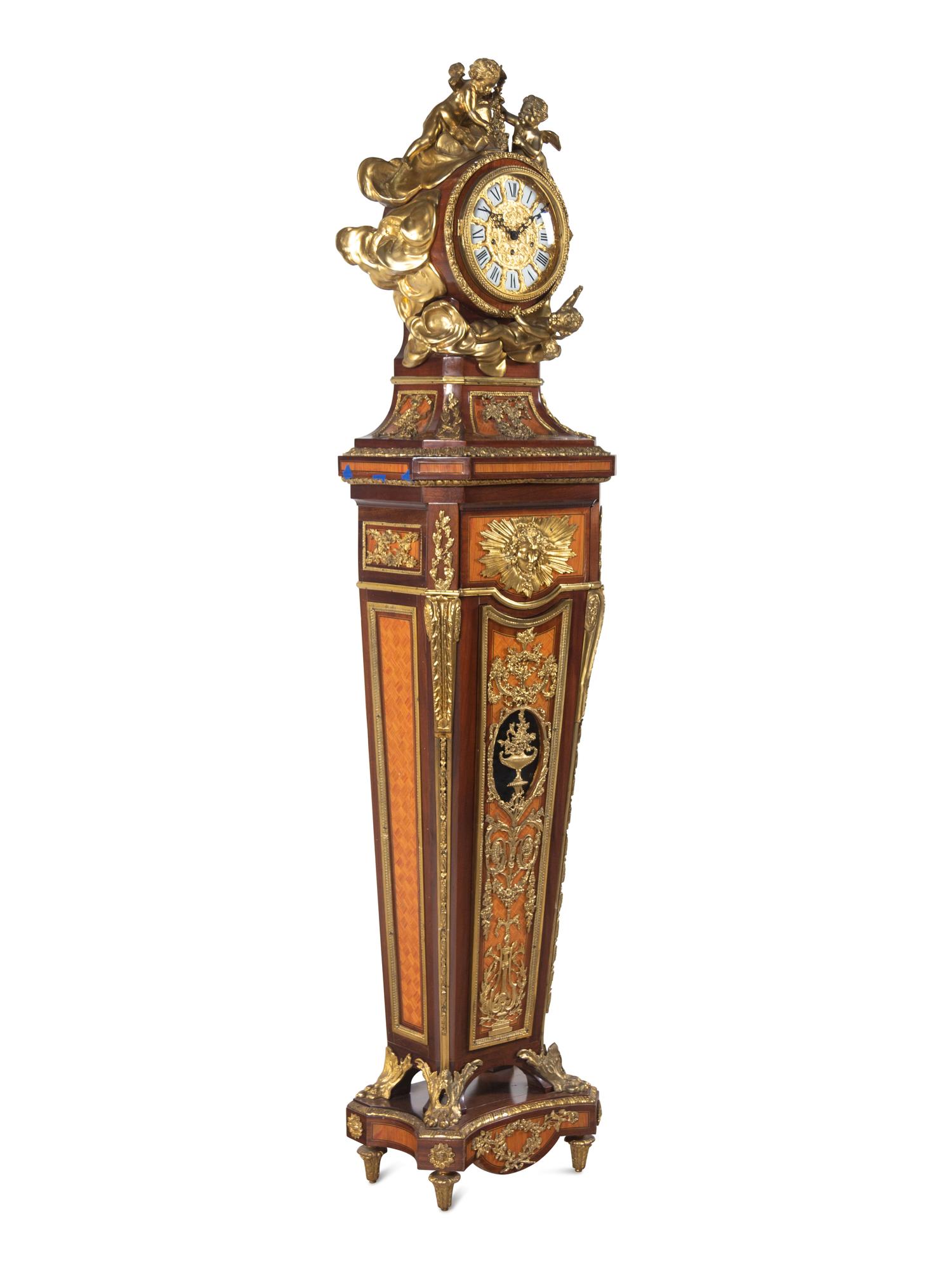 A Louis XVI Style Gilt Bronze Mounted Parquetry and Mahogany Régulateur de Pendule