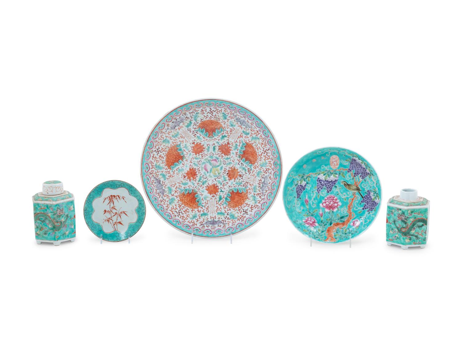 Five Chinese Famille Rose Turquoise Ground Porcelain Articles