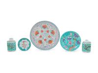 Five Chinese Famille Rose Turquoise Ground Porcelain Articles