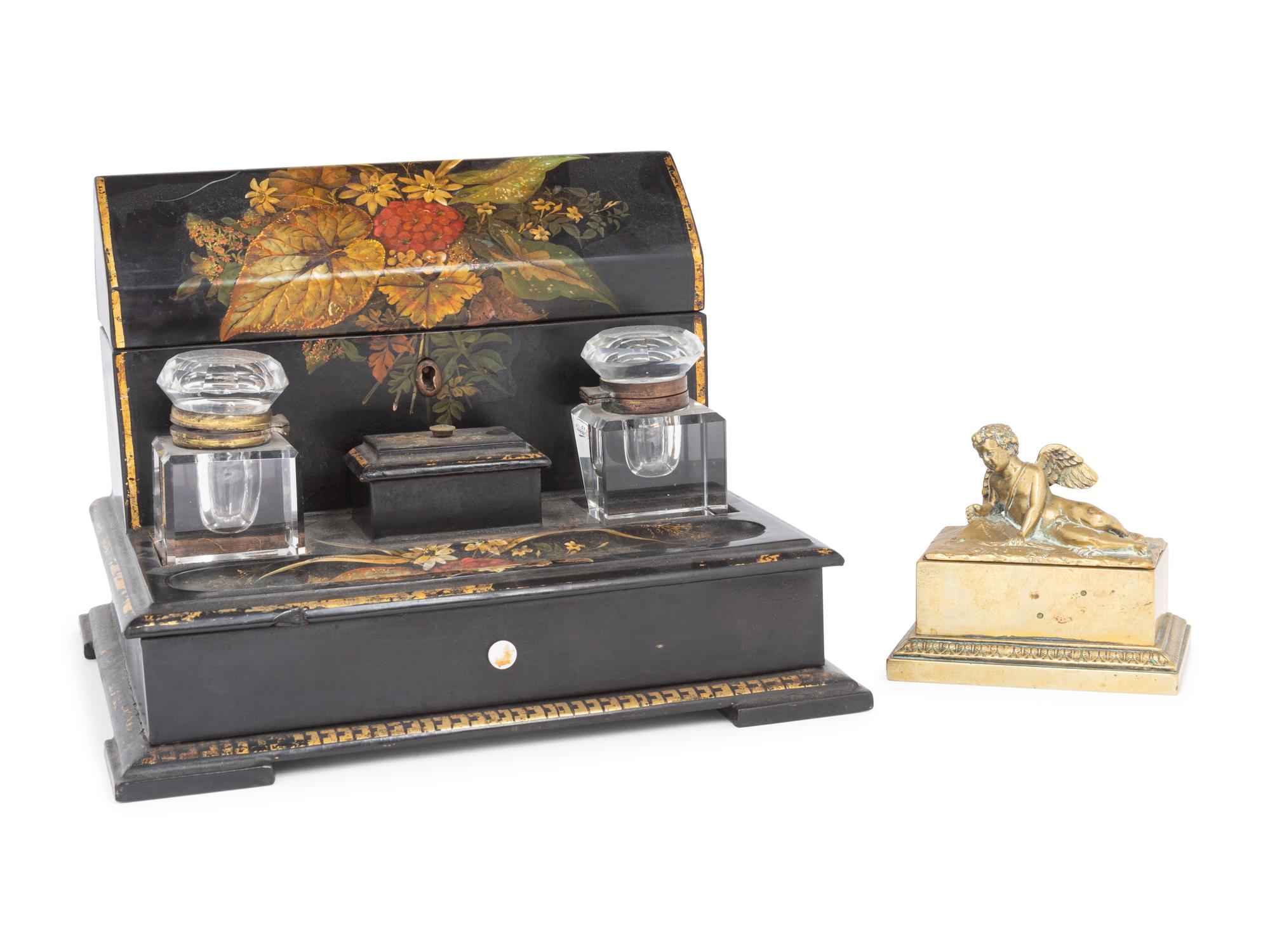 A Victorian Papier-Mâché Ink Stand and Stationery Box
