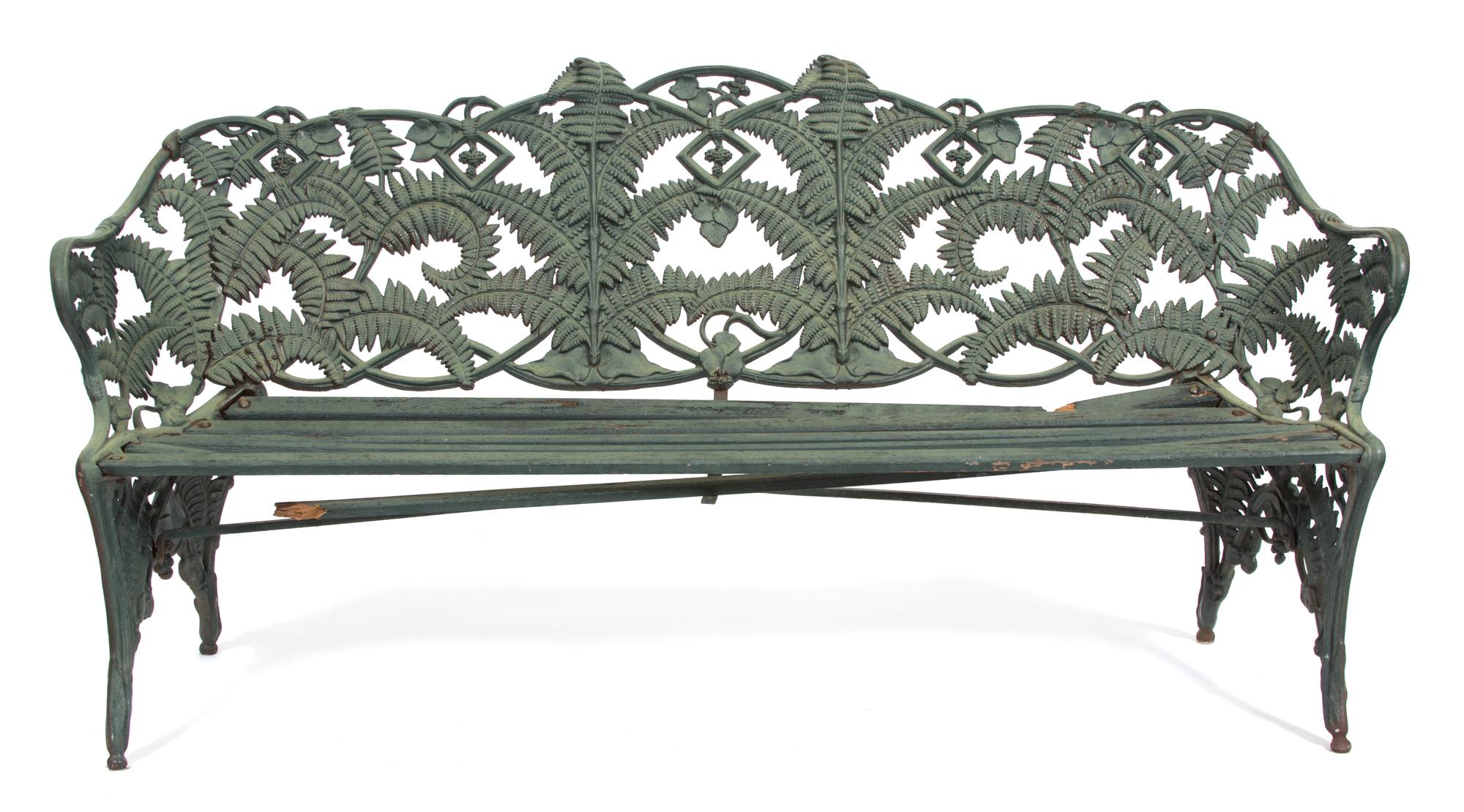A Painted Cast Iron Fern Pattern Bench Height 36 3/4 x width 75 x depth 21 inches. — LATE 19TH/EARLY 20TH CENTURY