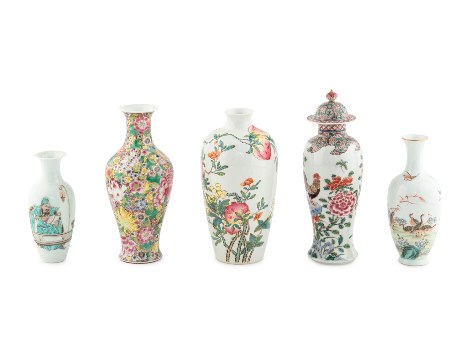 Five Chinese Famille Rose Porcelain Vases 粉彩賞瓶五隻
