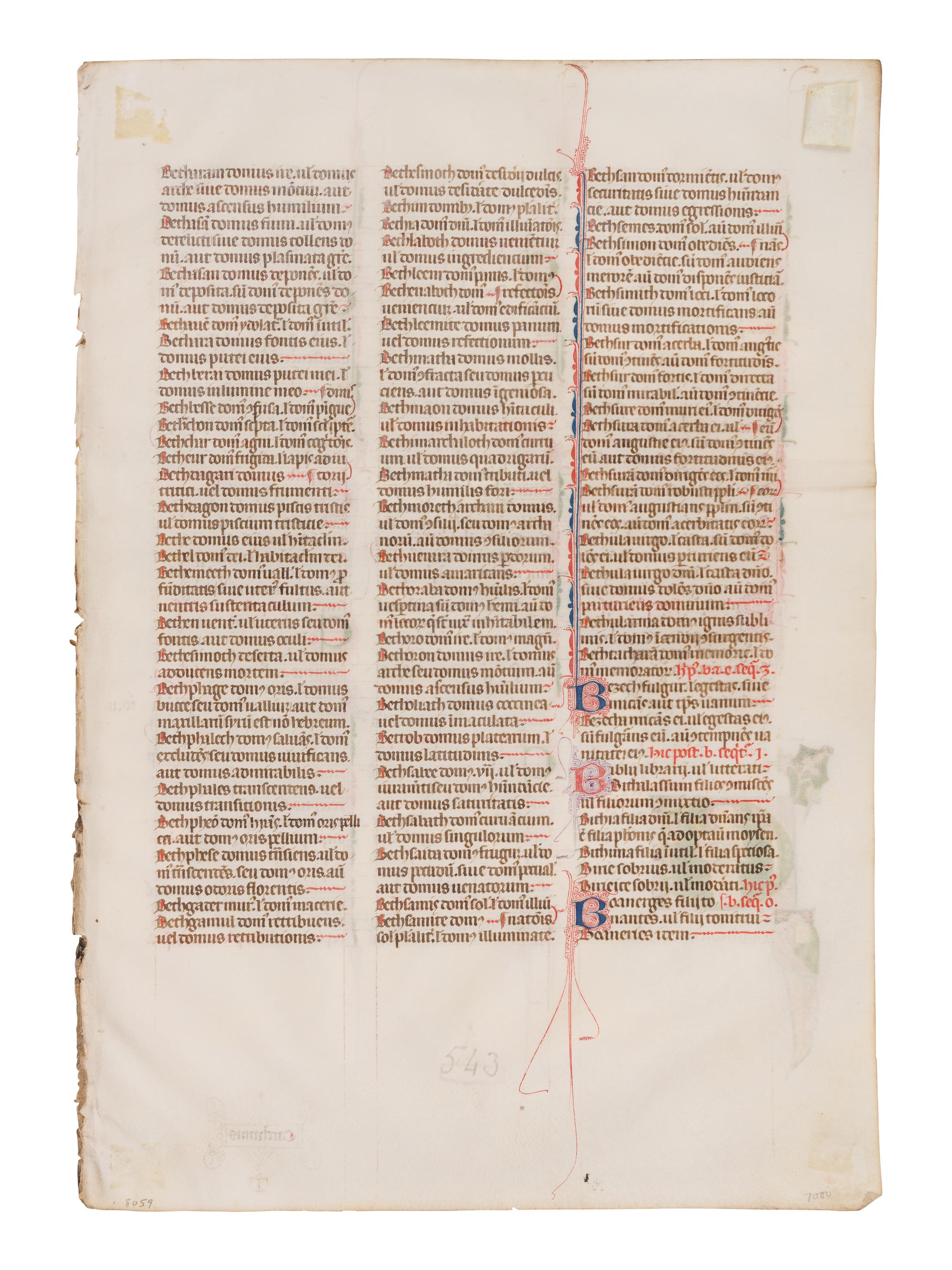UNKNOWN SOUTH FRENCH ILLUMINATOR A leaf from the Mailhac-Faber Bible, with a historiated initial ‘C’ of a Young Saint, in Latin, illuminated manuscript on parchment [France, Southern France, late thirteenth or early fourteenth century]