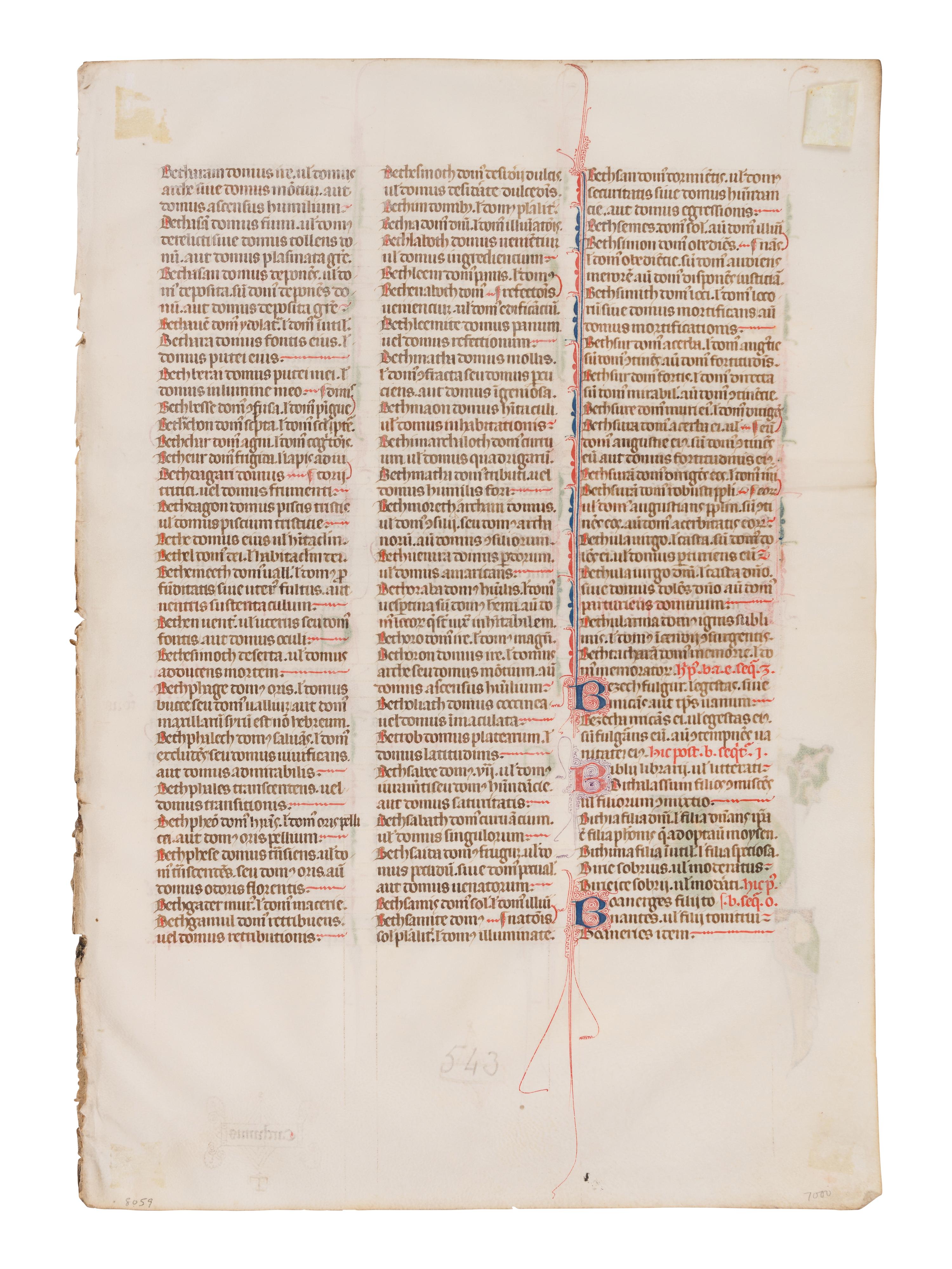 UNKNOWN SOUTH FRENCH ILLUMINATOR A leaf from the Mailhac-Faber Bible, with a historiated initial ‘C’ of a Young Saint, in Latin, illuminated manuscript on parchment [France, Southern France, late thirteenth or early fourteenth century]