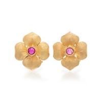 YELLOW GOLD AND SYNTHETIC RUBY FLOWER EARRINGS