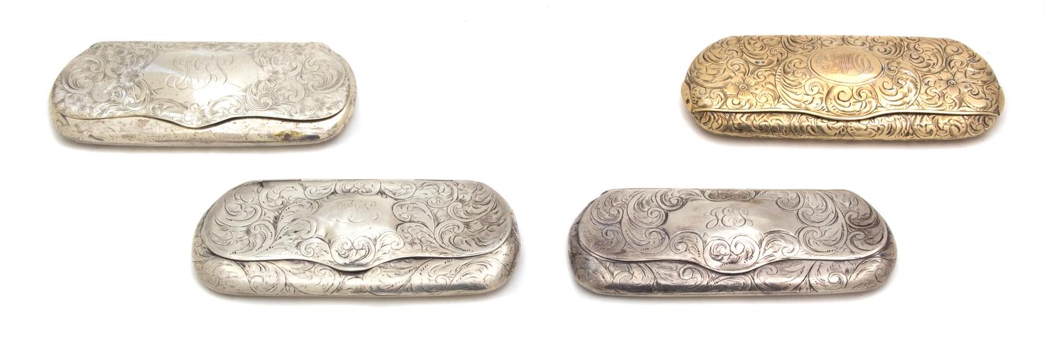 Four American Silver Pince Nez Cases, 19th Century, Various Makers, comprising a gilt wash case made for Tiffany & Co., with glasses in