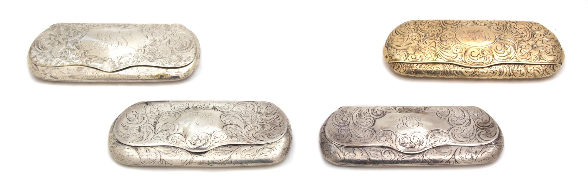 Four American Silver Pince Nez Cases, 19th Century, Various Makers, comprising a gilt wash case made for Tiffany & Co., with glasses in