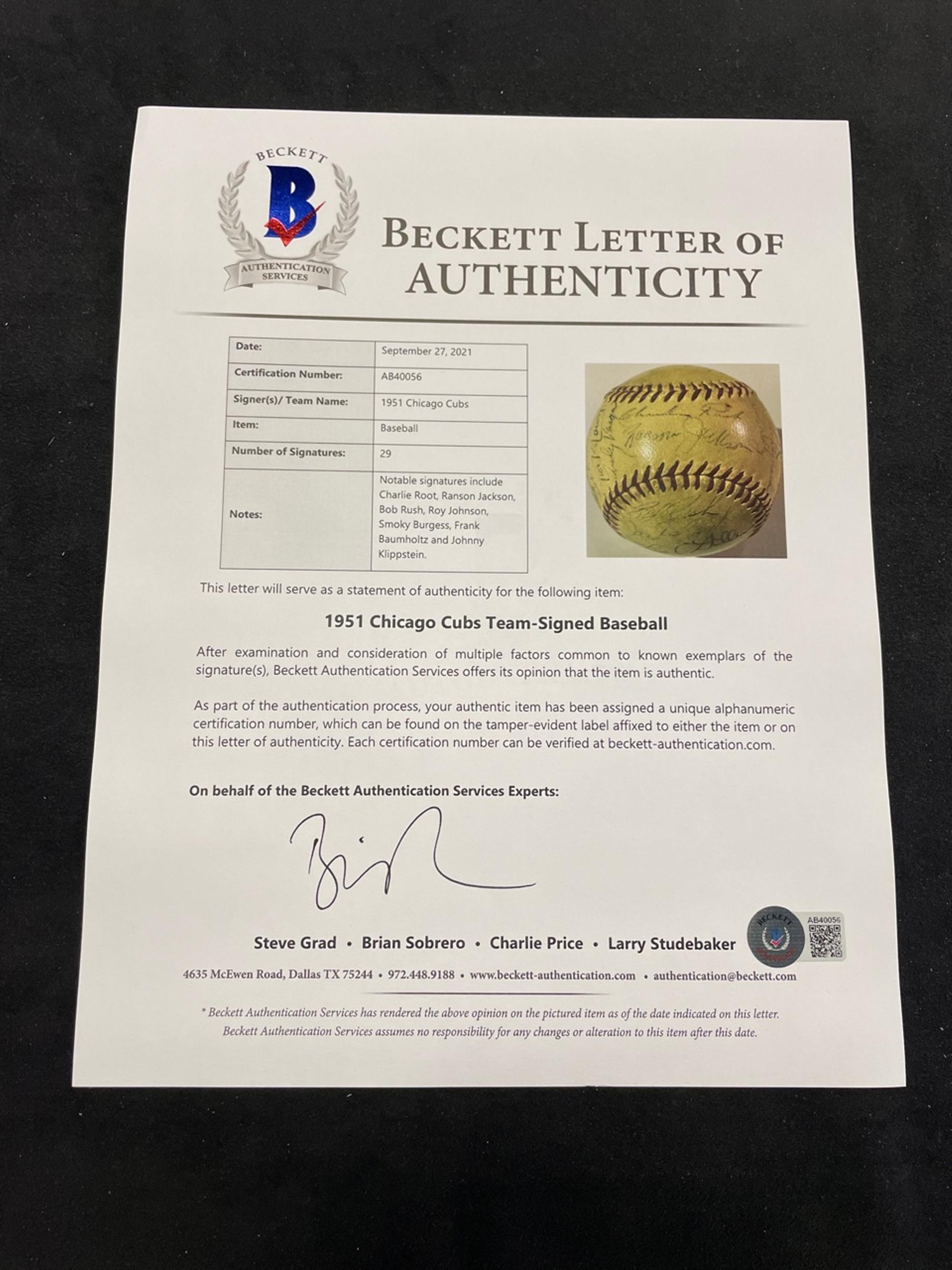 A 1951 Chicago Cubs Team Signed Baseball, 28 Signatures, Including Chuck Connors (BAS Beckett Authentication Services Certified),
