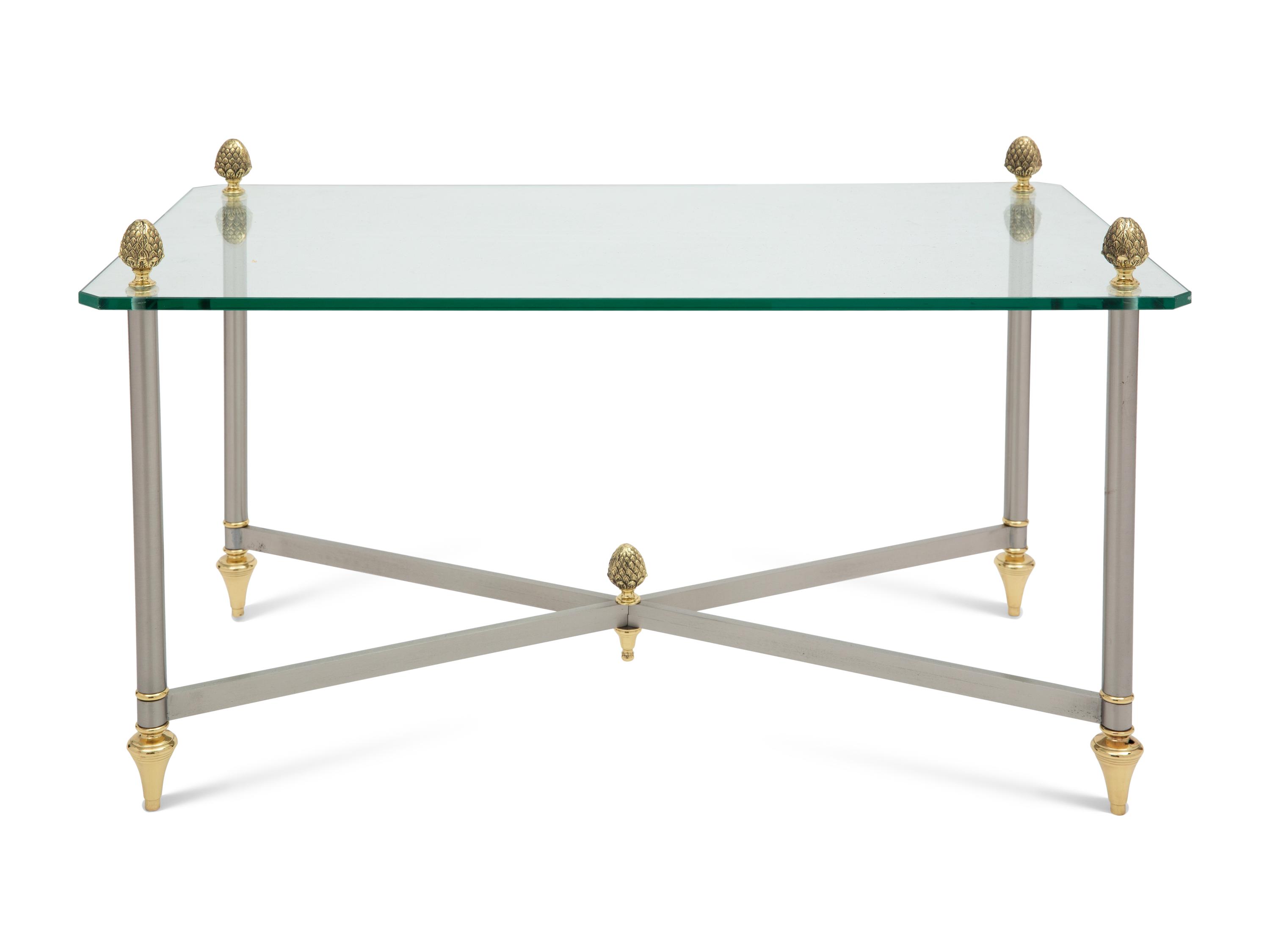 A Brass-Mounted Steel Glass-Top Low Table