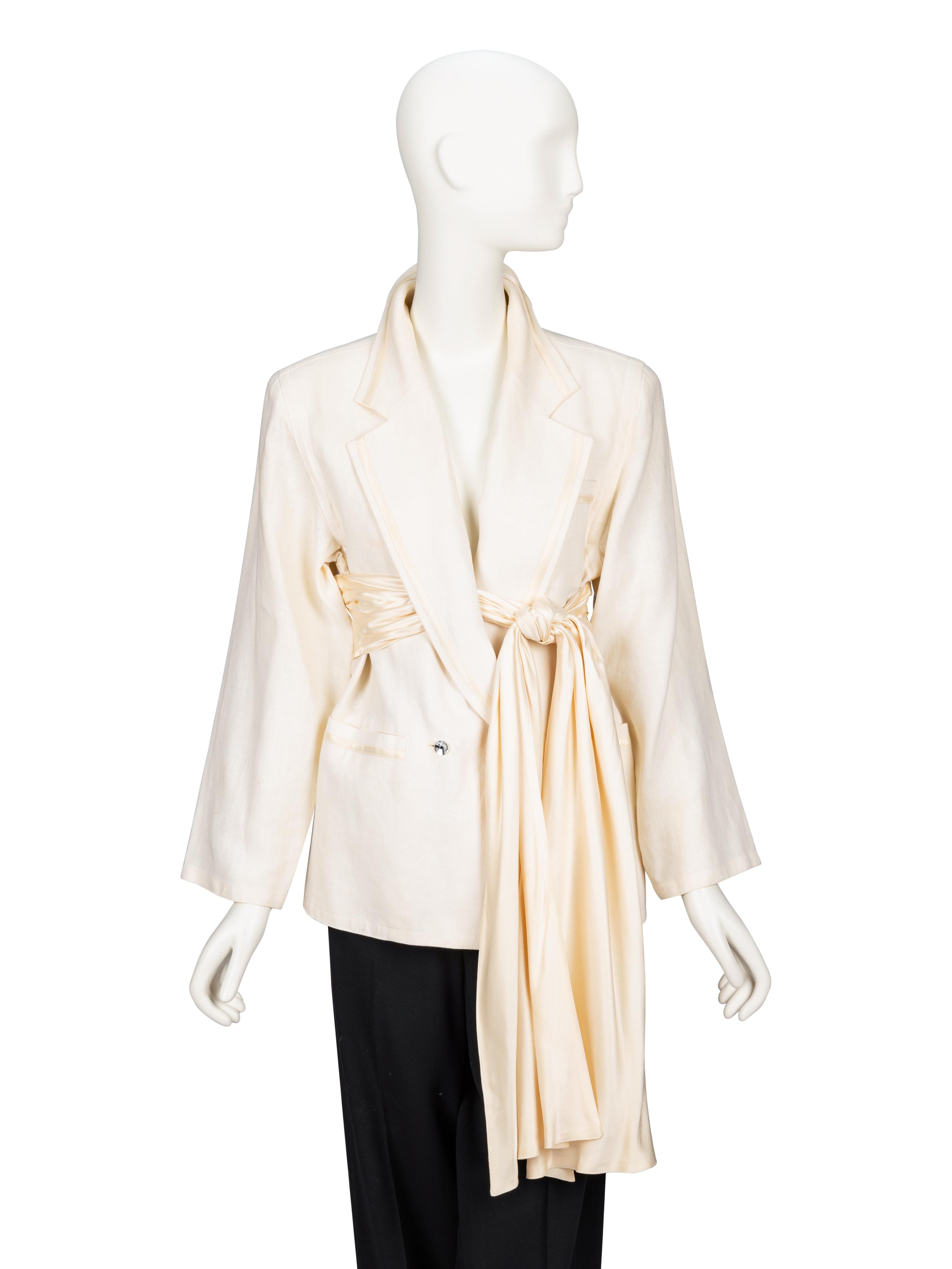 Gianni Versace, Ecru Linen Draped Blazer with Satin Tie