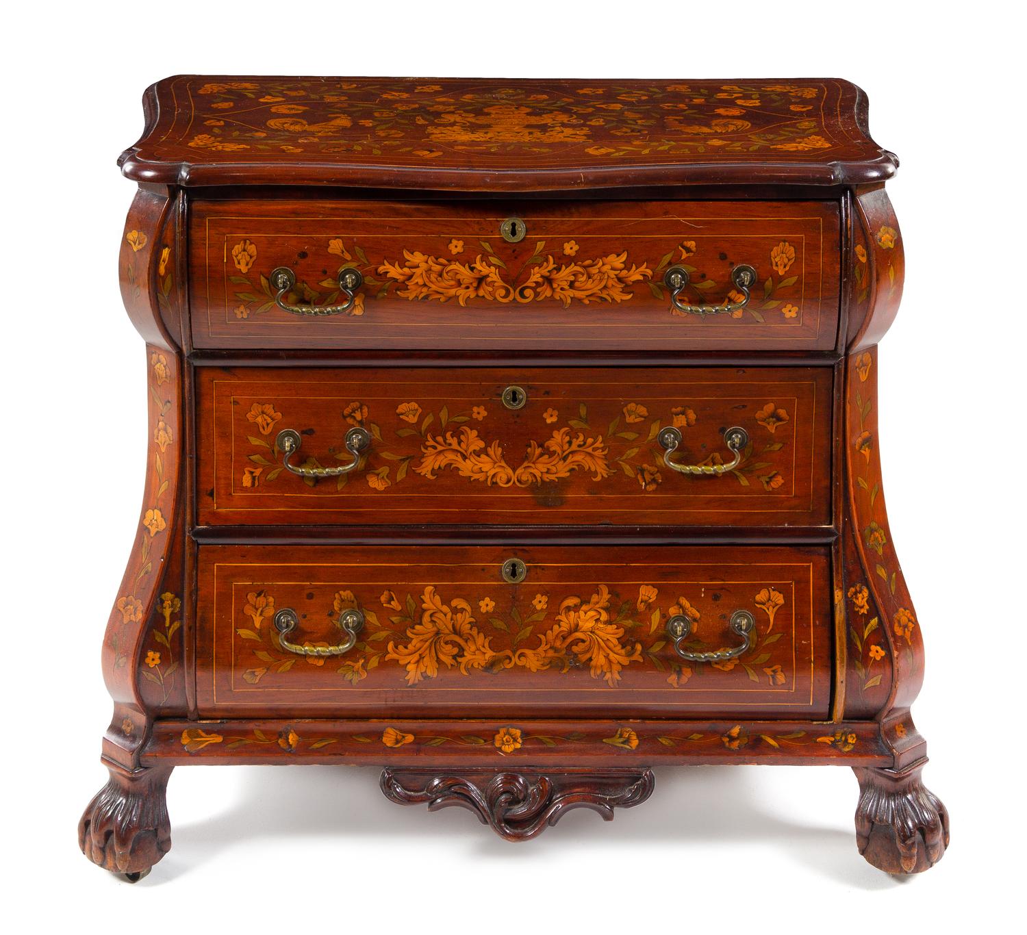 A Dutch Mahogany and Marquetry Chest of Drawers Height 34 x width 37 x depth 24 inches. — 19TH CENTURY