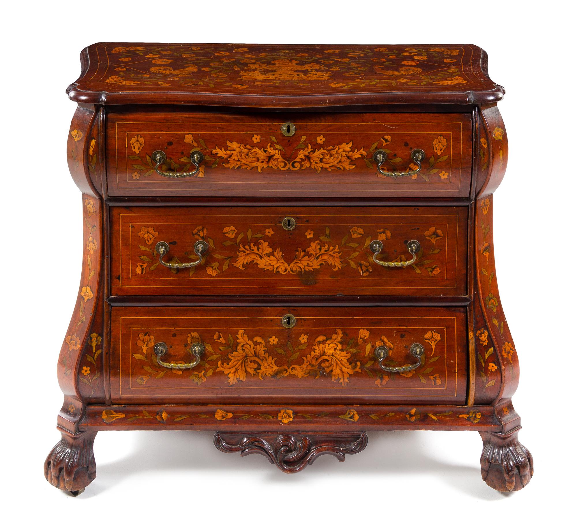 A Dutch Mahogany and Marquetry Chest of Drawers Height 34 x width 37 x depth 24 inches. — 19TH CENTURY