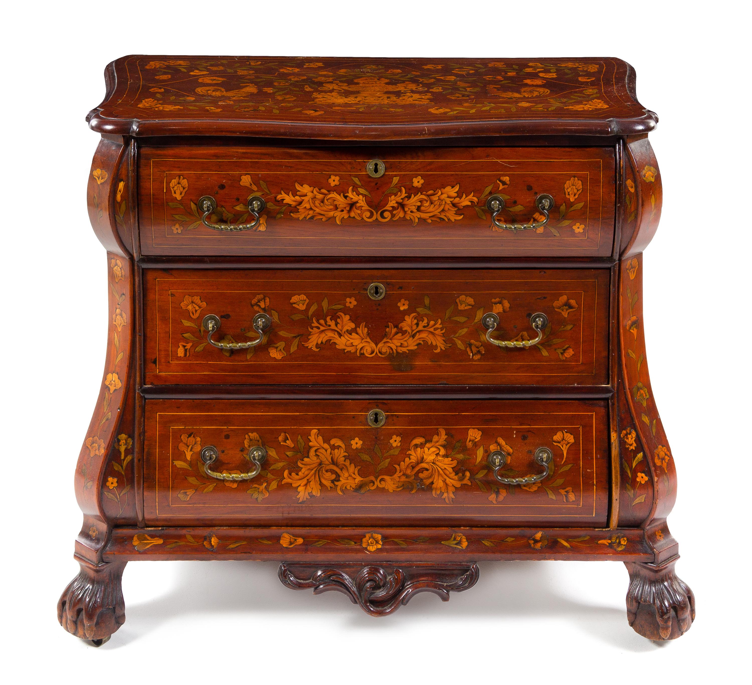 A Dutch Mahogany and Marquetry Chest of Drawers Height 34 x width 37 x depth 24 inches. — 19TH CENTURY