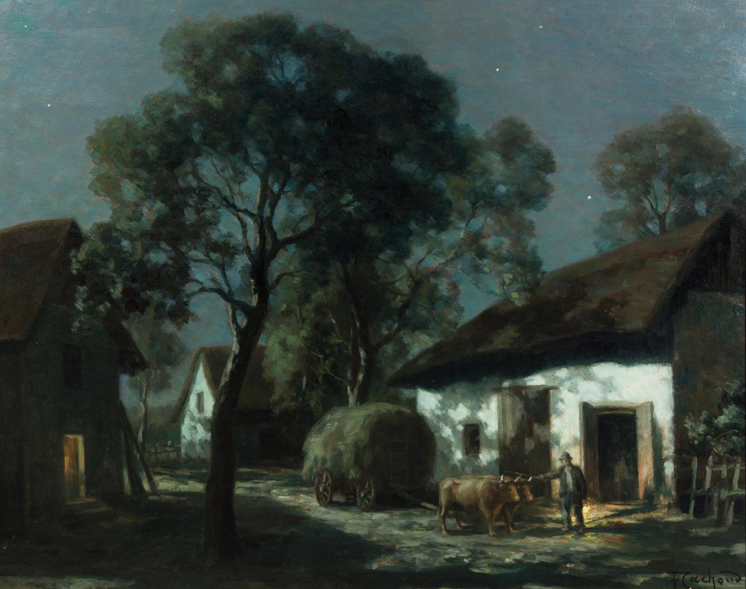 Francois Charles Cachoud, (French, 1866–1943), Moonlit Barnyard