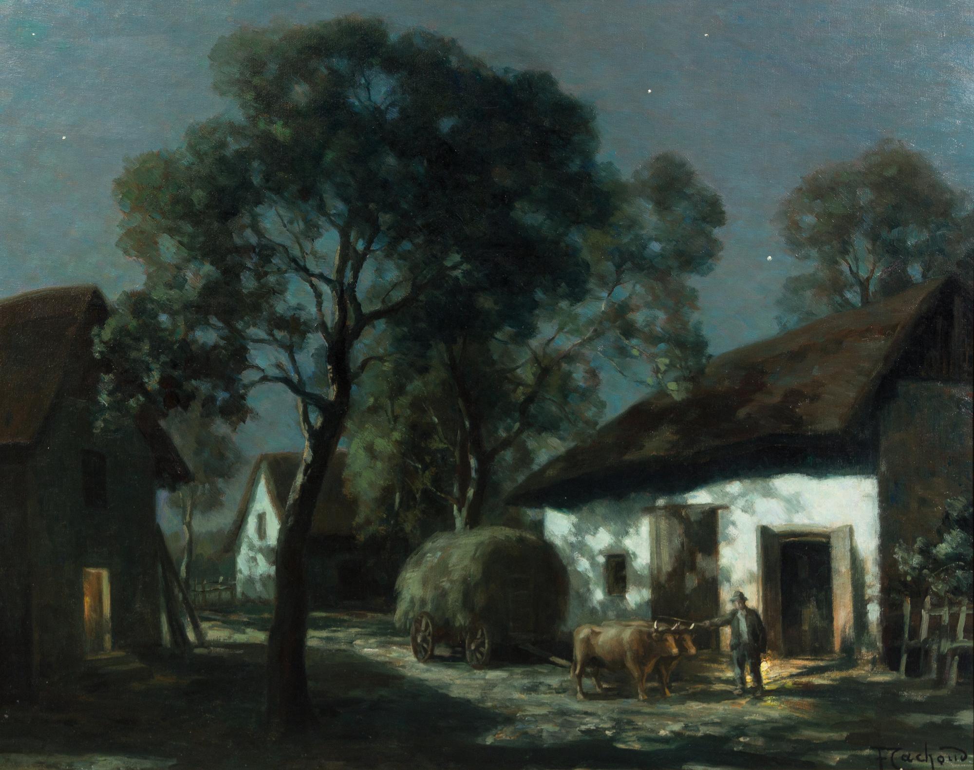 Francois Charles Cachoud, (French, 1866–1943), Moonlit Barnyard