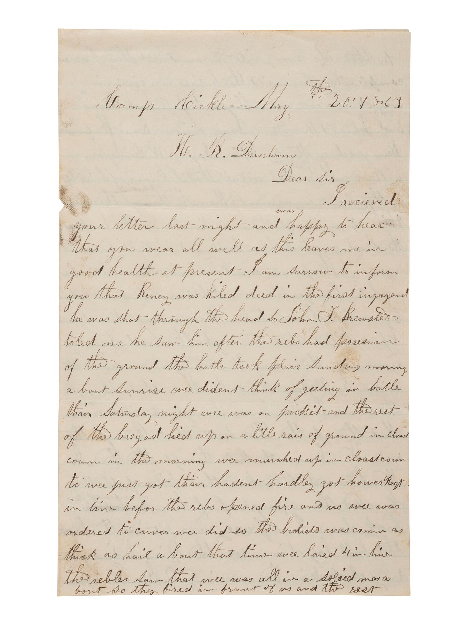 [CIVIL WAR]. Soldier's letter from Samuel Conklin, 141st PA Vols, recounting his and others' wounds sustained at the Battle of Chancellorsville. 20 May 1863.