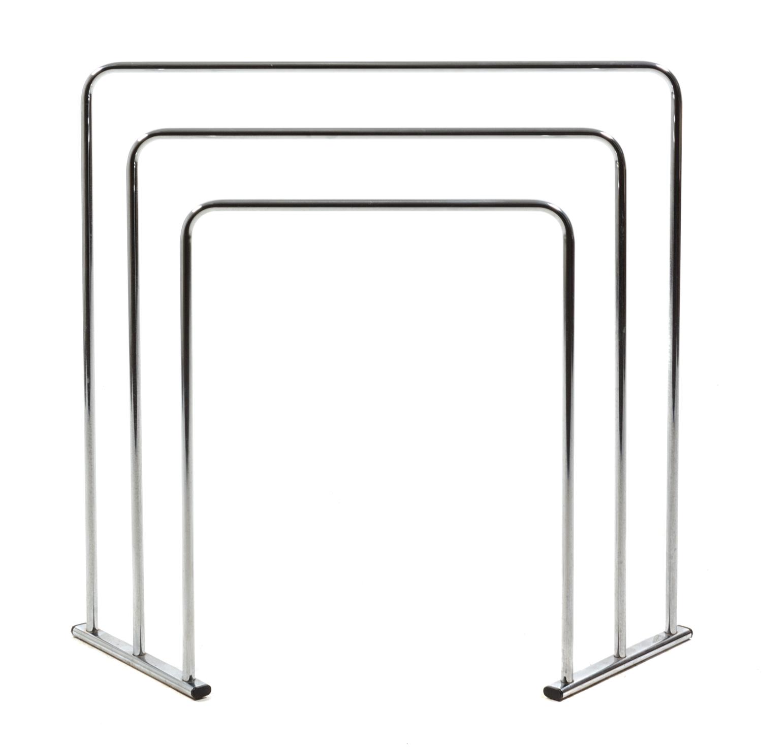 A Chromed Three-Tiered Towel Rack, Markus Borgens Height 32 x width 34 x depth 8 inches.
