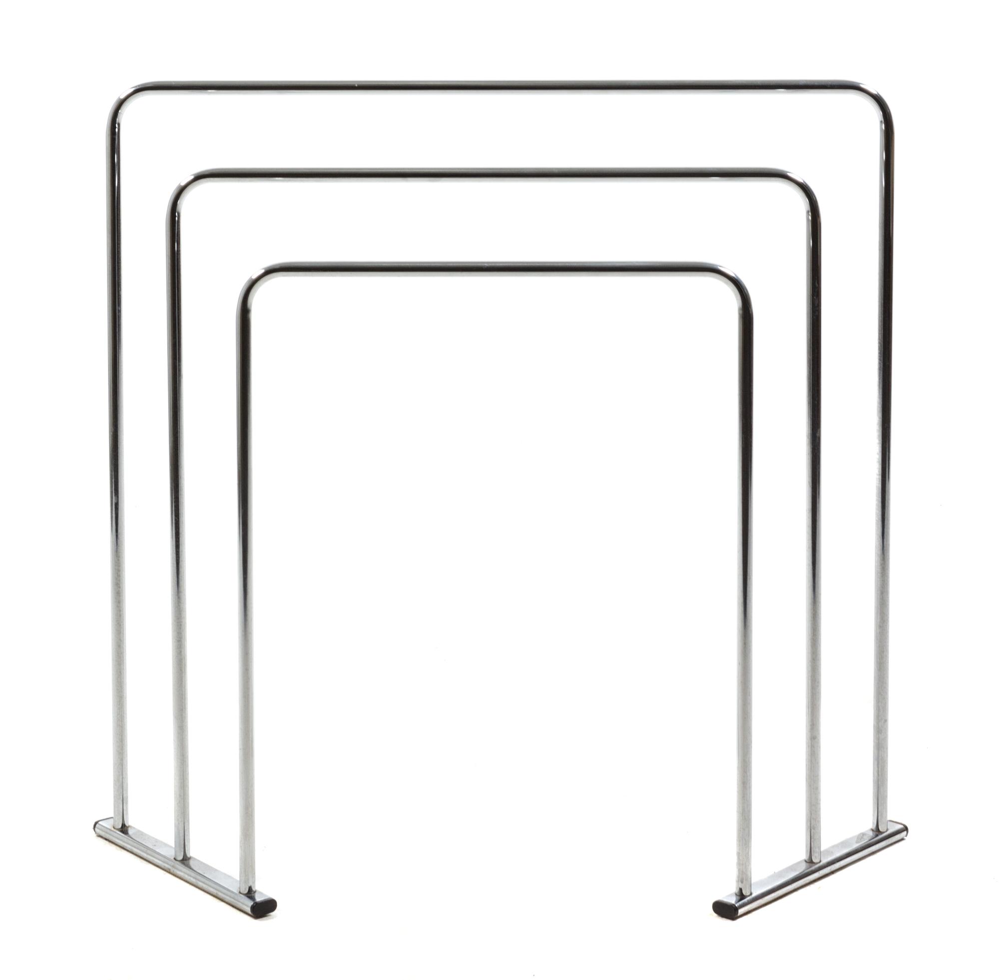 A Chromed Three-Tiered Towel Rack, Markus Borgens Height 32 x width 34 x depth 8 inches.