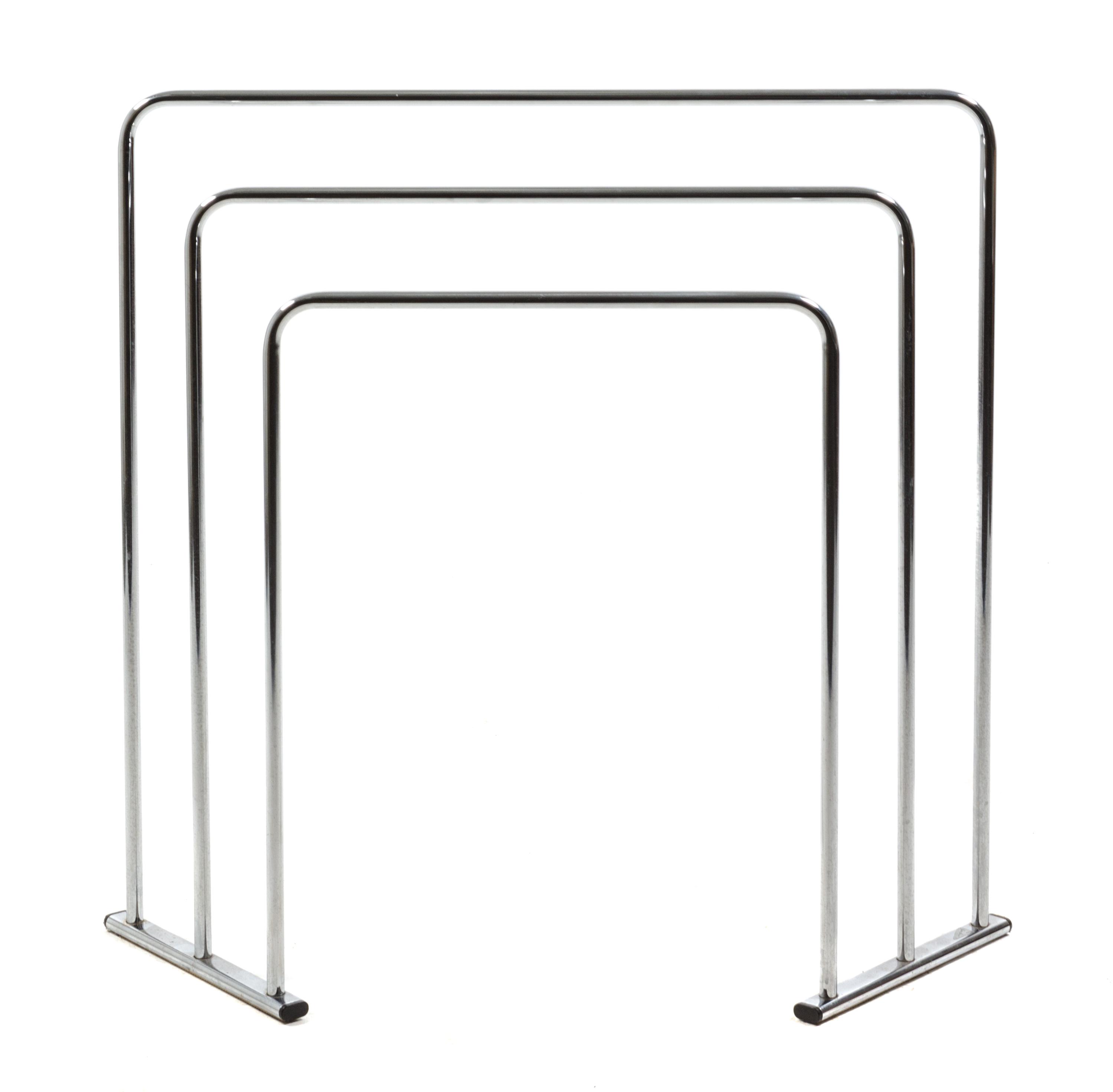 A Chromed Three-Tiered Towel Rack, Markus Borgens Height 32 x width 34 x depth 8 inches.