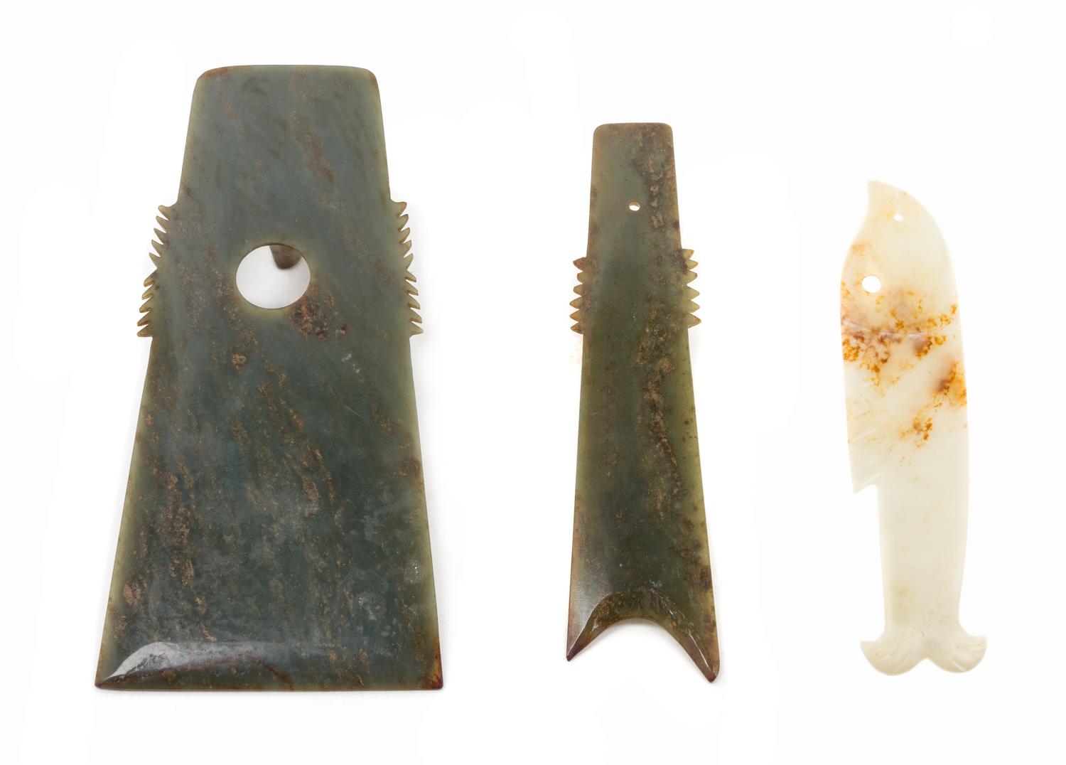 A Group of Three Archaistic Jade Tools Length of largest 8 1/2 x width 4 1/4 inches.