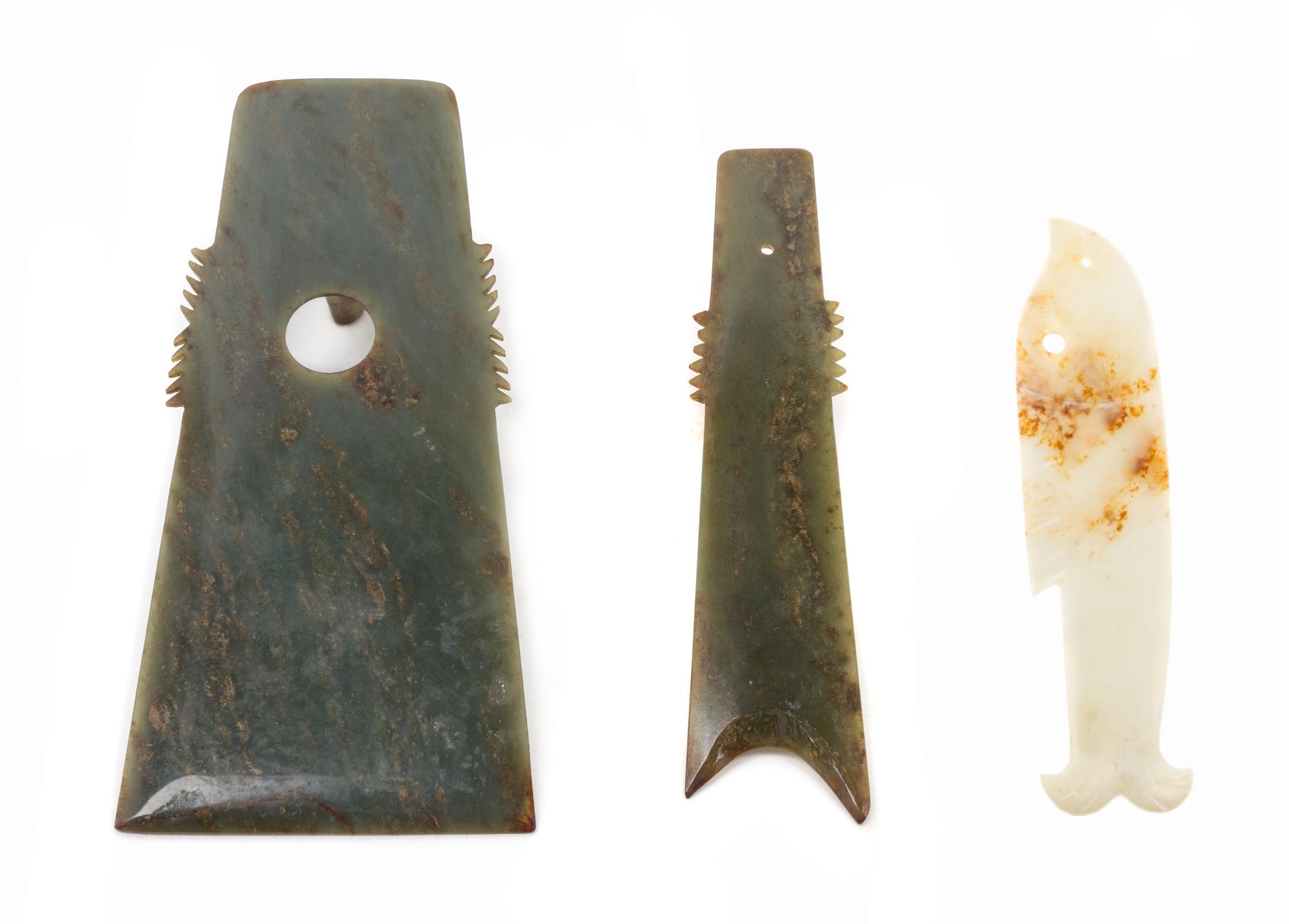 A Group of Three Archaistic Jade Tools Length of largest 8 1/2 x width 4 1/4 inches.