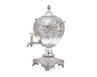 A George III sterling silver floral repoussé hot water urn, maker's mark rubbed, London, 1766