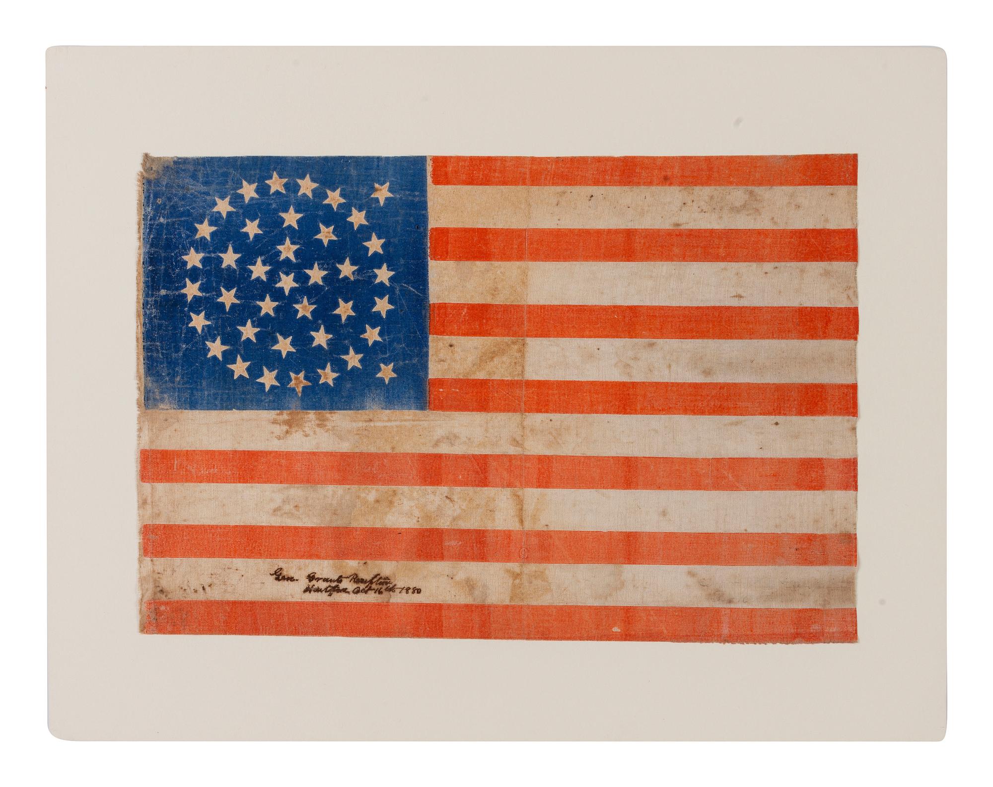 [FLAGS]. 38-star American parade flag used at a public reception for Ulysses S. Grant. Hartford, Connecticut, October 1880.