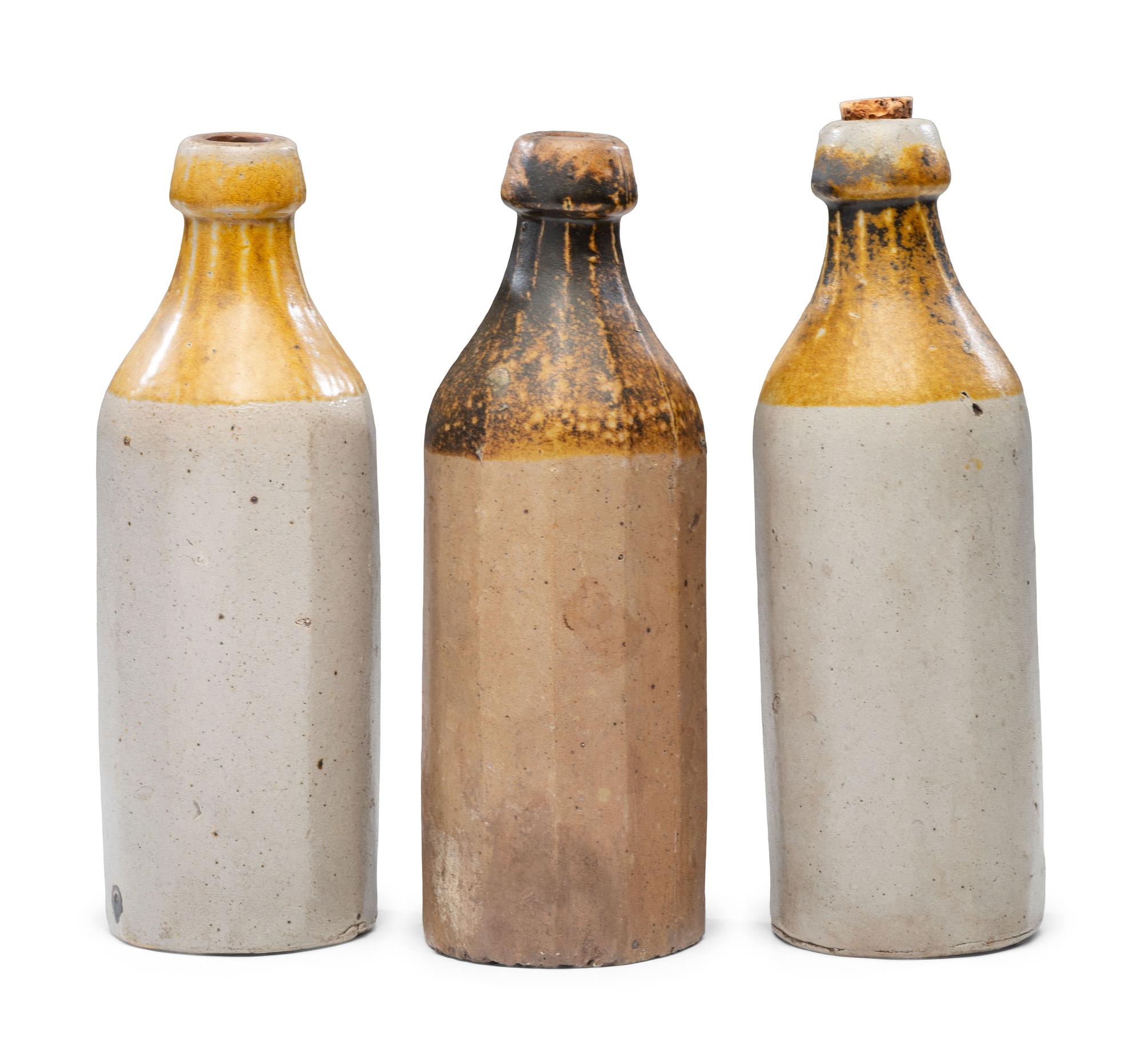 Three J. Viall Stoneware Beer Bottles