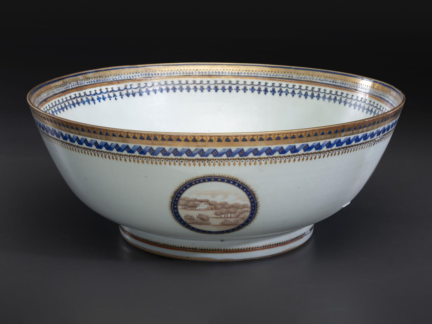 A Chinese Export Parcel Gilt and Grisaille Decorated Porcelain Punch Bowl