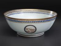 A Chinese Export Parcel Gilt and Grisaille Decorated Porcelain Punch Bowl