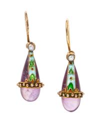 A Pair of Gilt Silver, Amethyst, Pearl and Enamel Earrings,