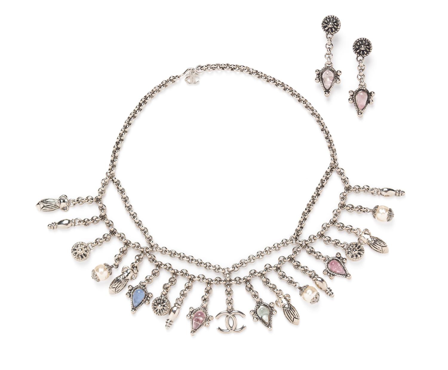 A Chanel Silvertone Charm Necklace and Earrings, Necklace 16", earrings 2".