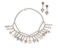 A Chanel Silvertone Charm Necklace and Earrings, Necklace 16", earrings 2".