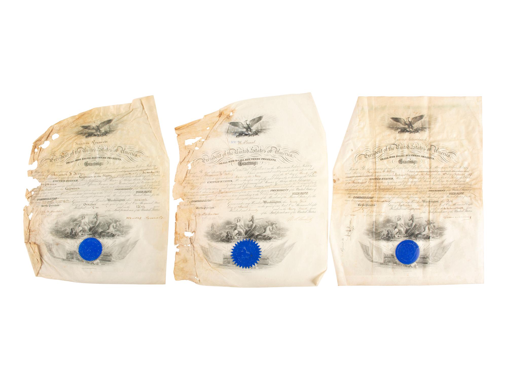 [NAVY]. TILLEY, Benjamin Franklin (1848-1907). Three presidential appointments signed by Ulysses S. GRANT, Grover CLEVELAND, and Theodore ROOSEVELT, with oversize albumen photographs and presentation cane.