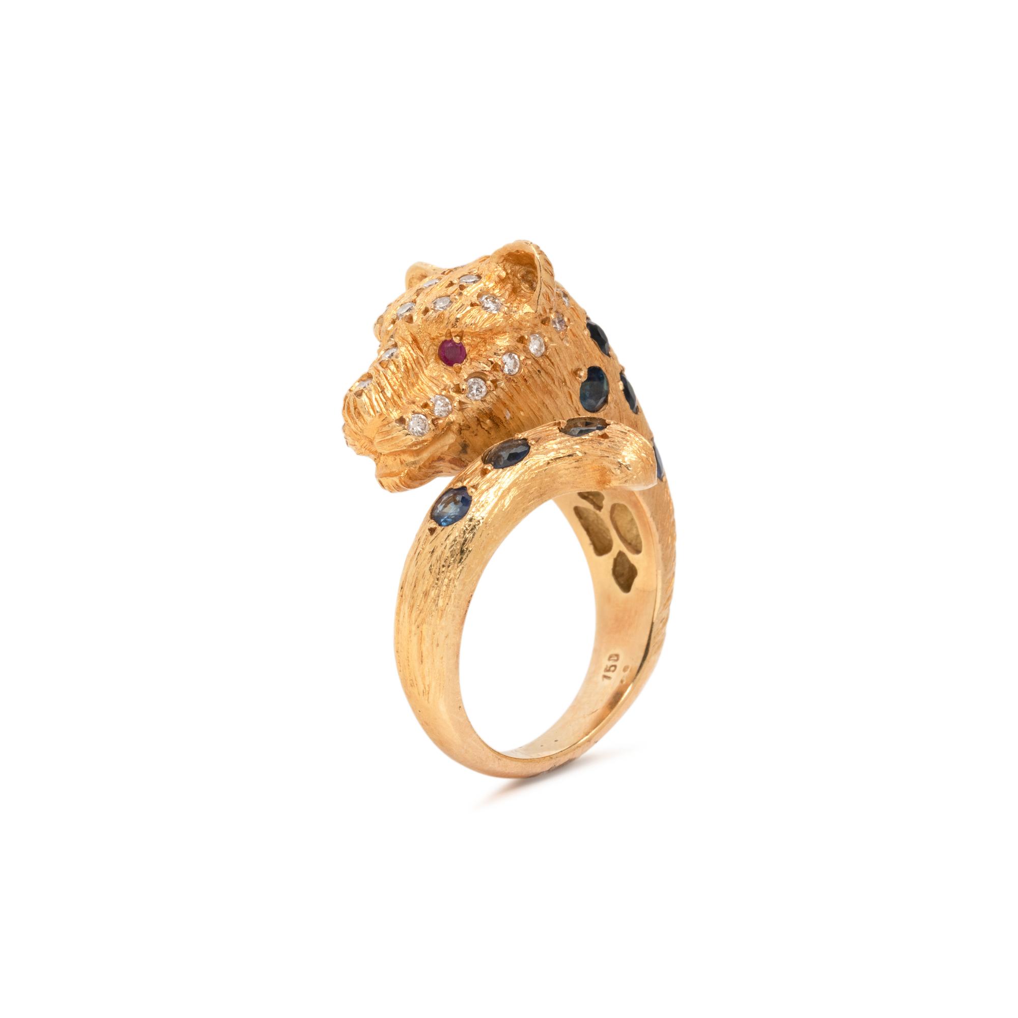 YELLOW GOLD, DIAMOND AND MULTIGEM LEOPARD RING