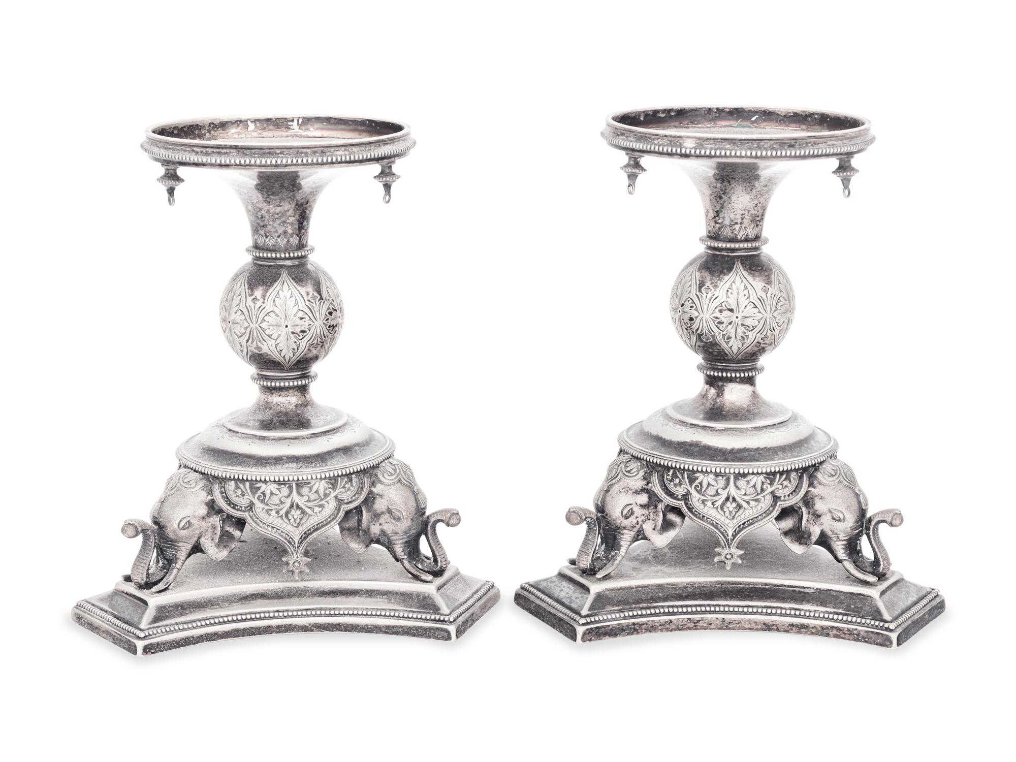 A Pair of English Silver-Plate Épergne Bases with Elephant Decoration
