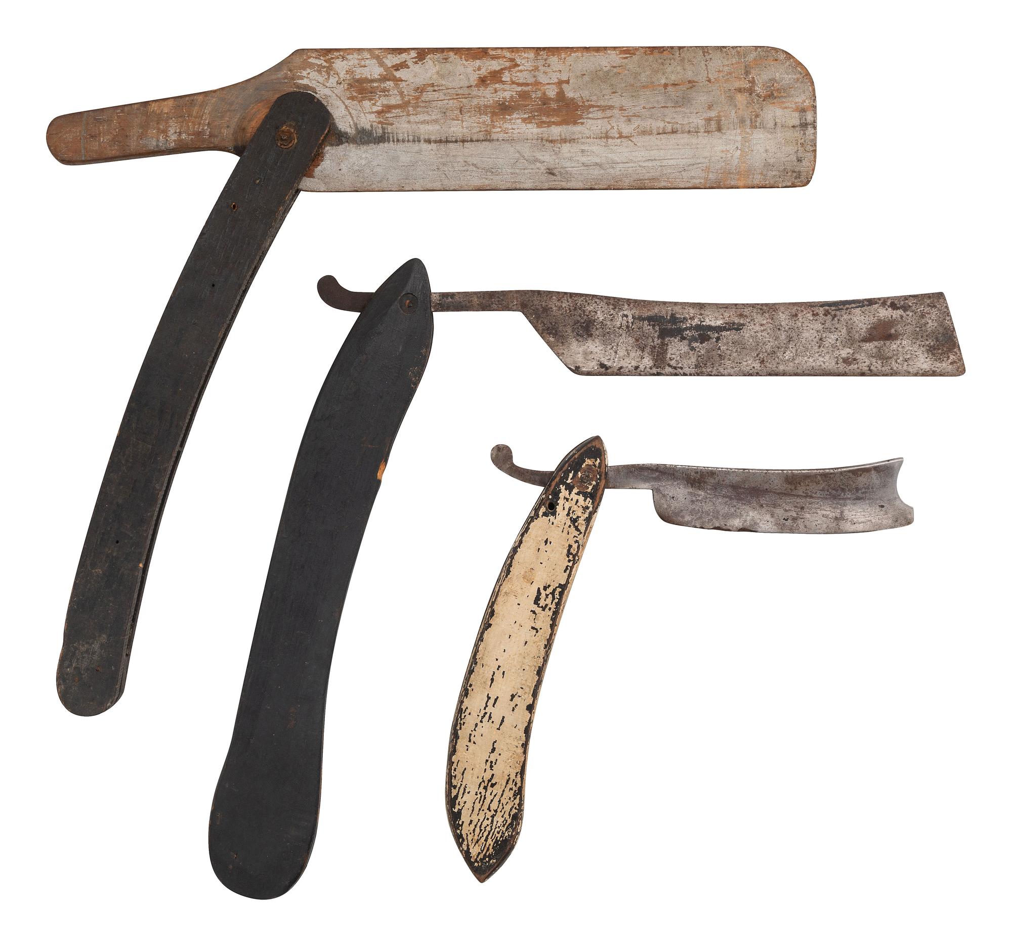 Three Painted Wood and Metal Store Display Straight Razors