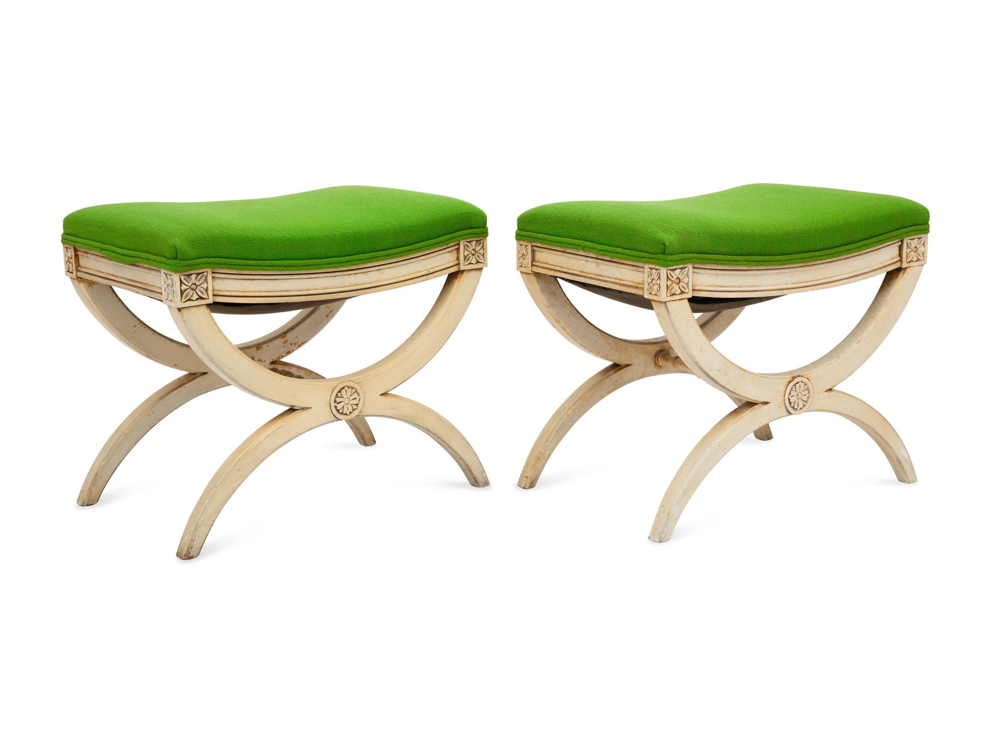 A Pair of Louis XVI Style Cream-Painted Curule Stools