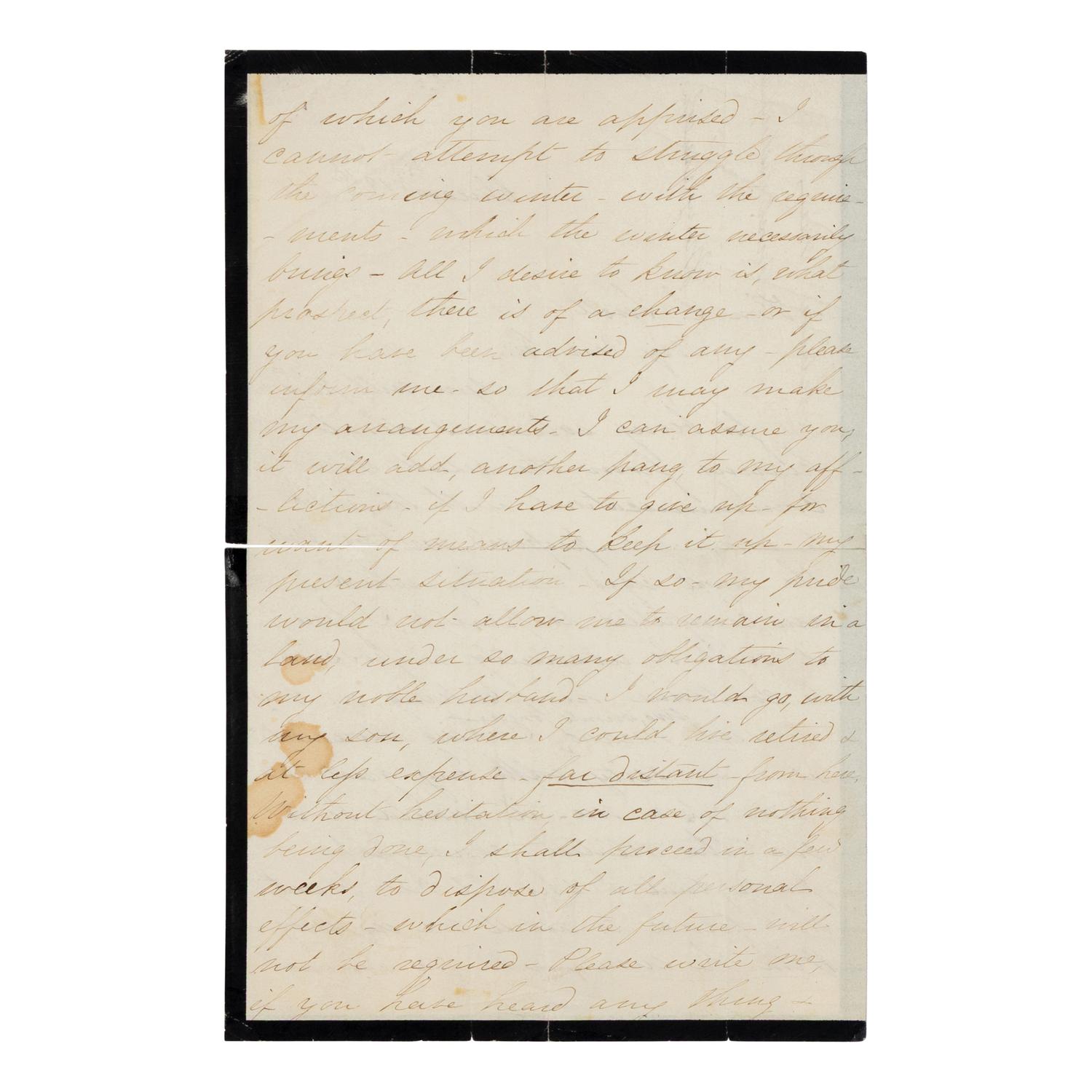 LINCOLN, Mary Todd (1818-1882). Autograph letter signed ("M.L.") to Leonard Swett, Chicago, 13 September 1866.