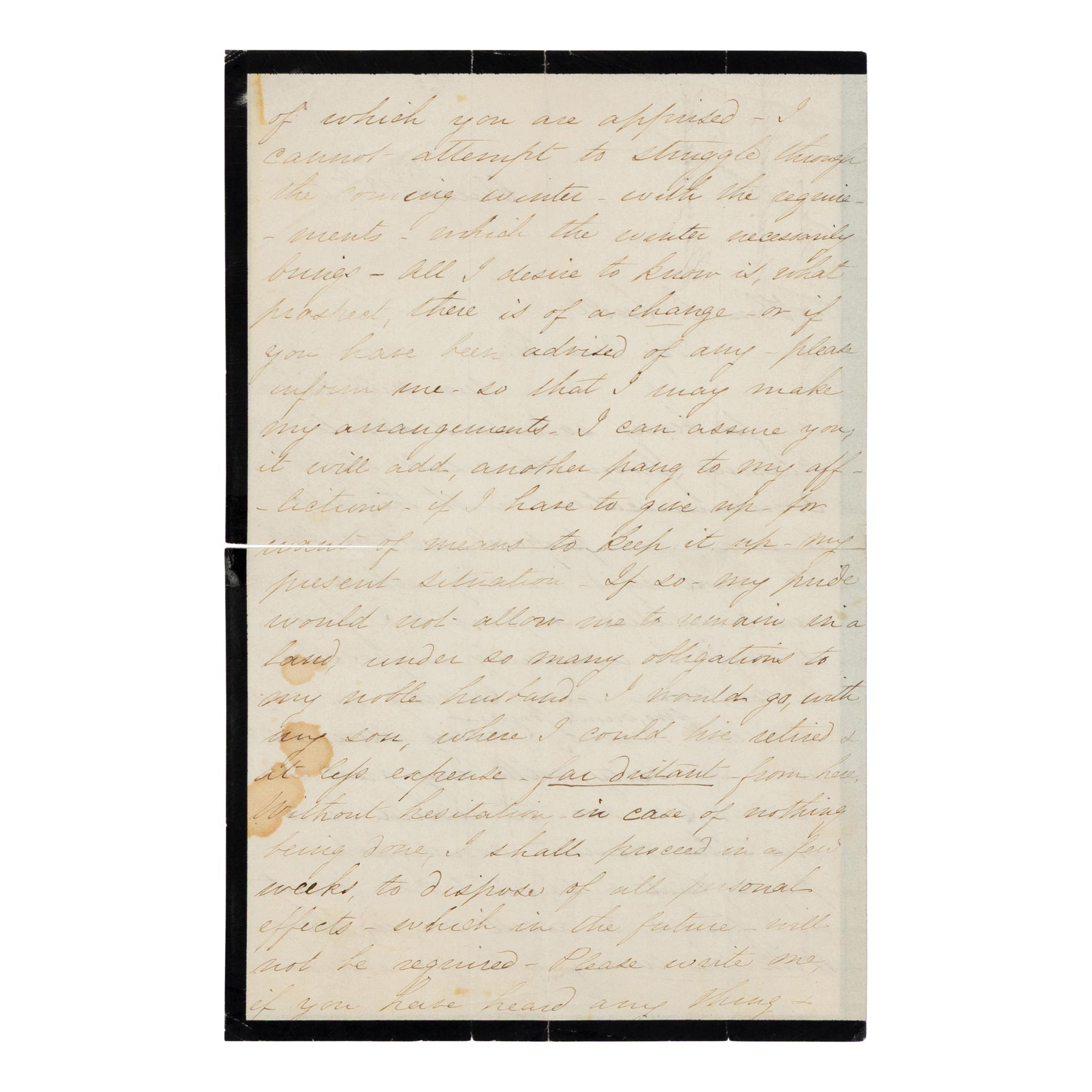 LINCOLN, Mary Todd (1818-1882). Autograph letter signed ("M.L.") to Leonard Swett, Chicago, 13 September 1866.