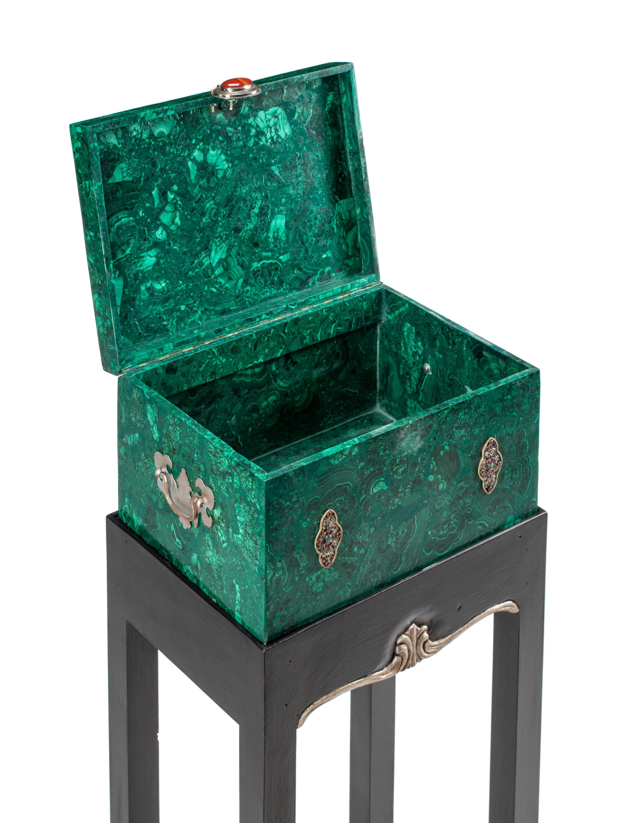A Jeweled Silvered Filigree Mounted Malachite Casket on Stand