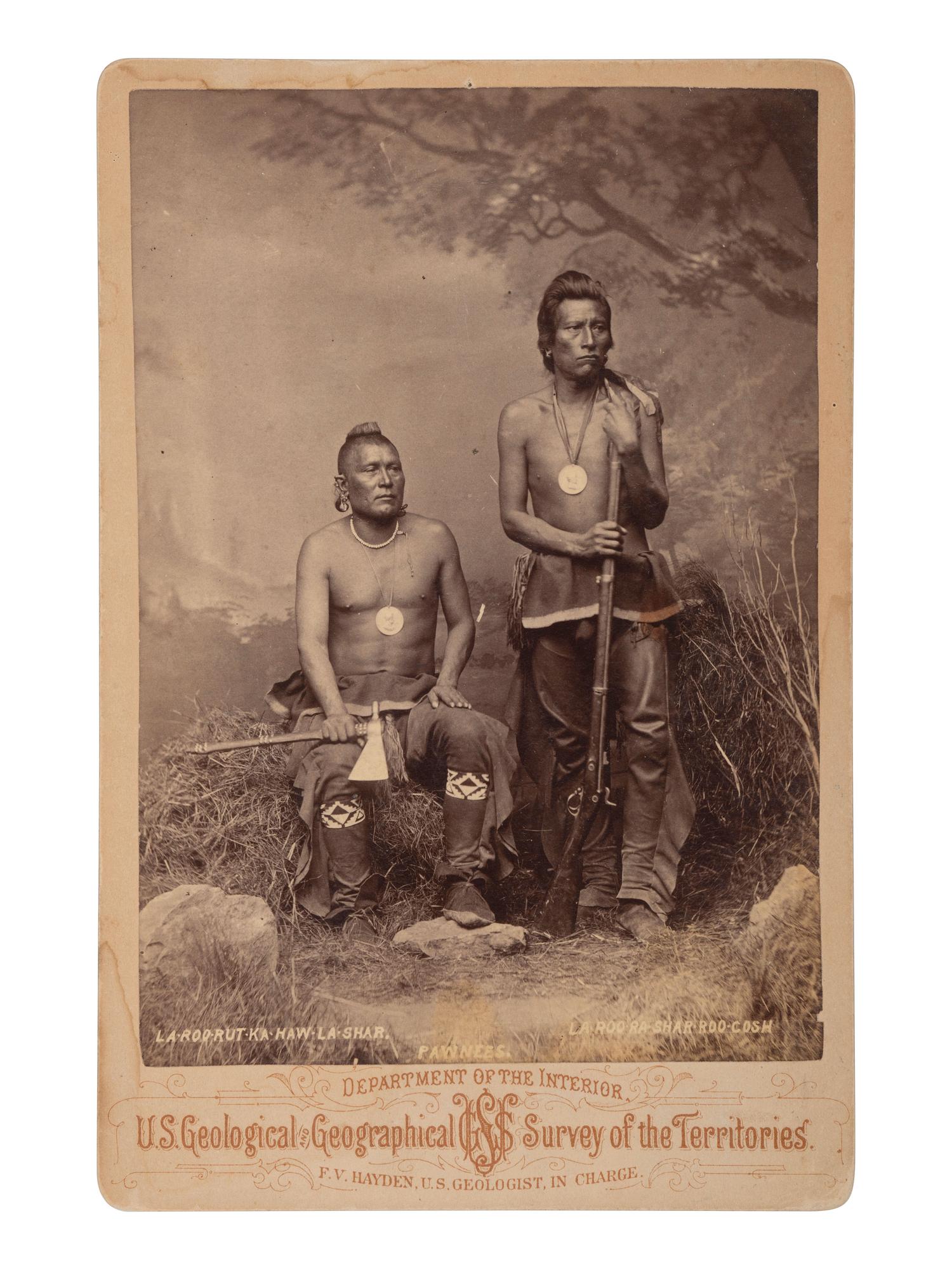 [NATIVE AMERICANS]. [JACKSON, William Henry (1843-1942, photographer]. Cabinet card of armed Pawnee warriors.