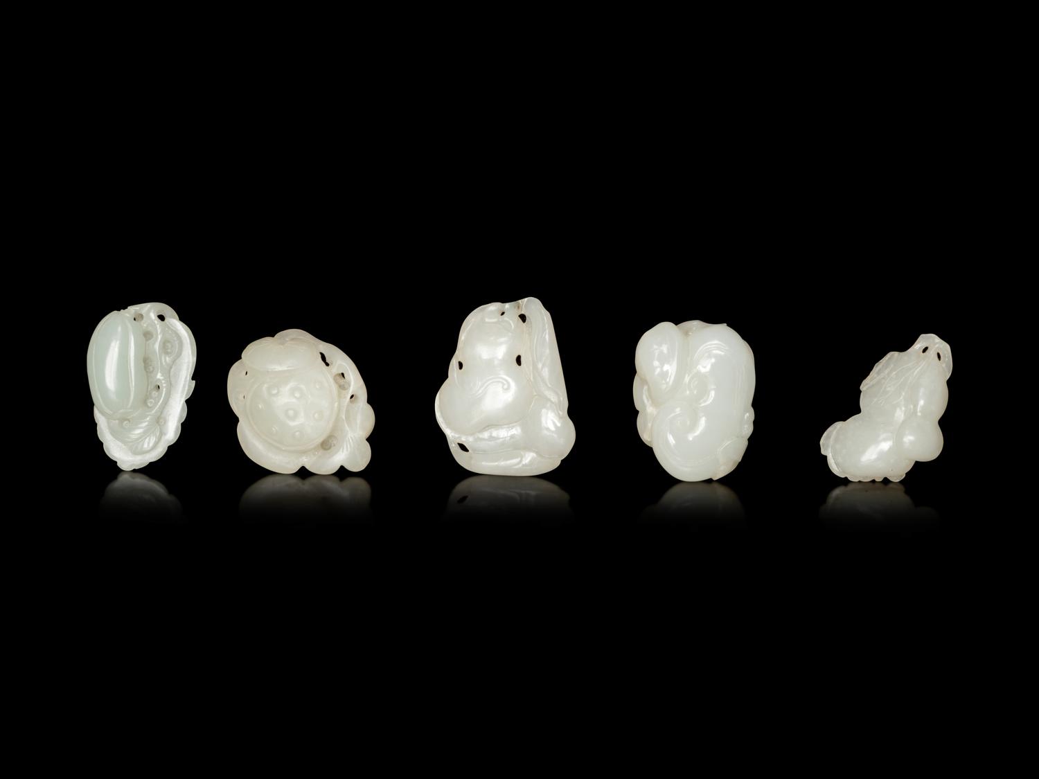Five White Jade Carved Figures of Fruit
