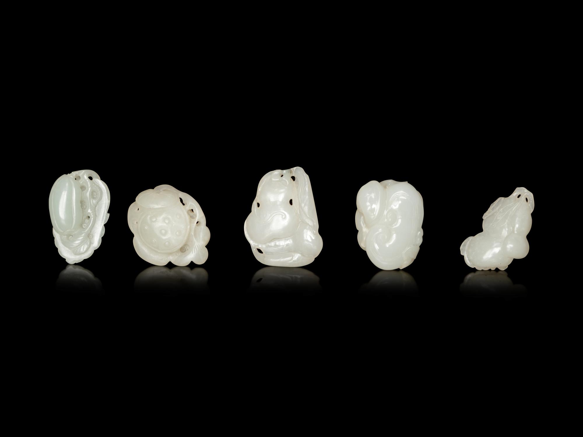 Five White Jade Carved Figures of Fruit