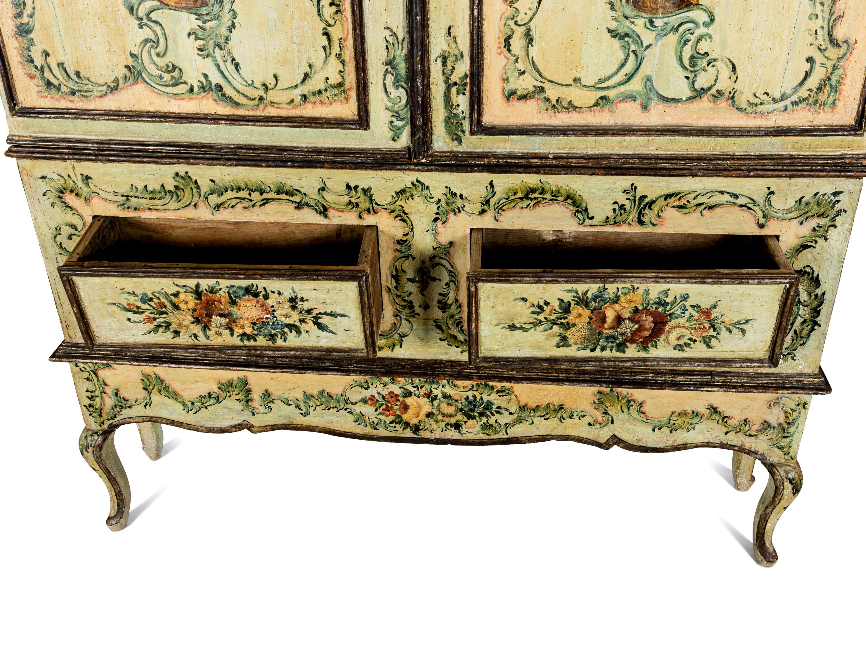 A North Italian Rococo Polychrome Painted Cabinet on Stand