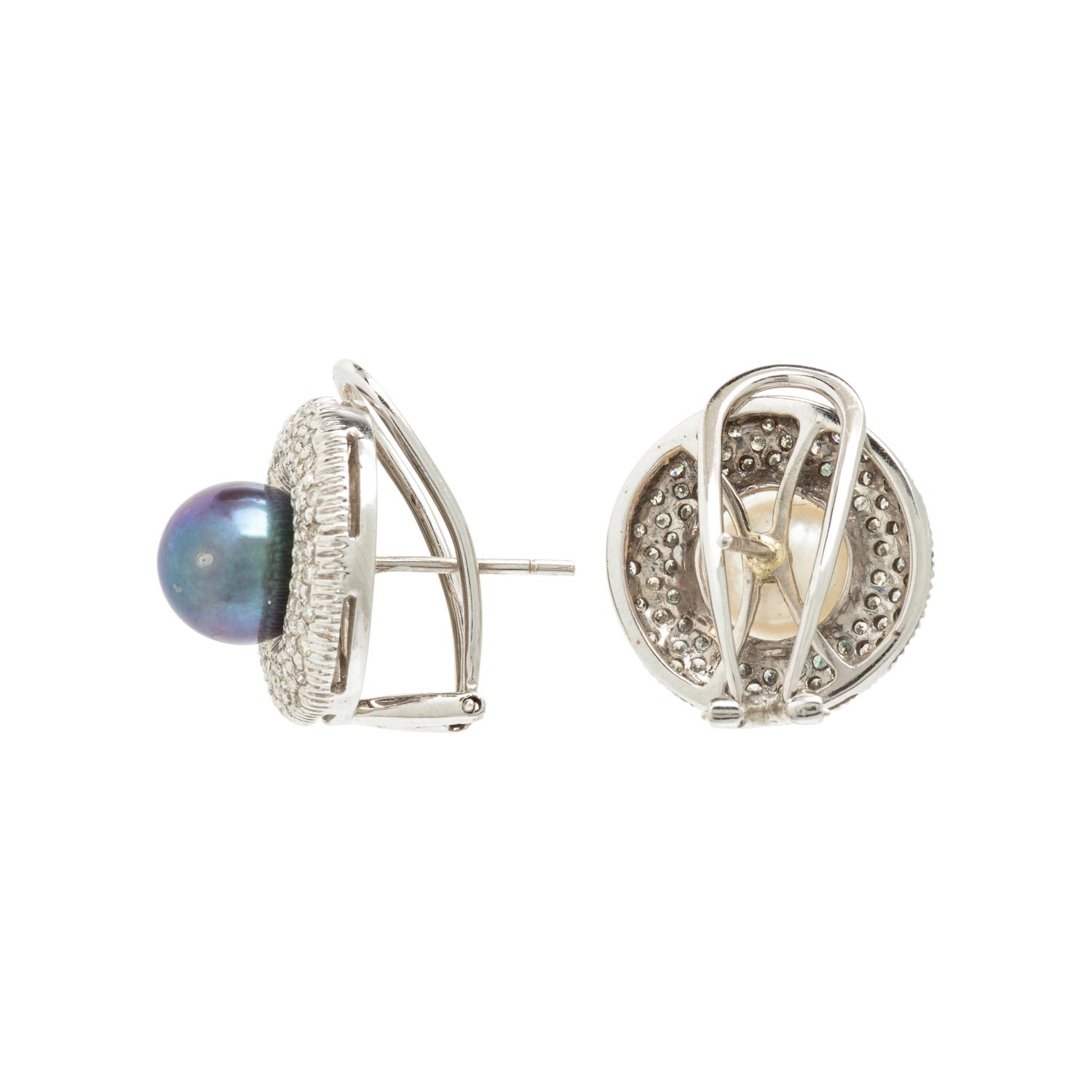 Cultured Pearl, Diamond, and White Gold Earrings