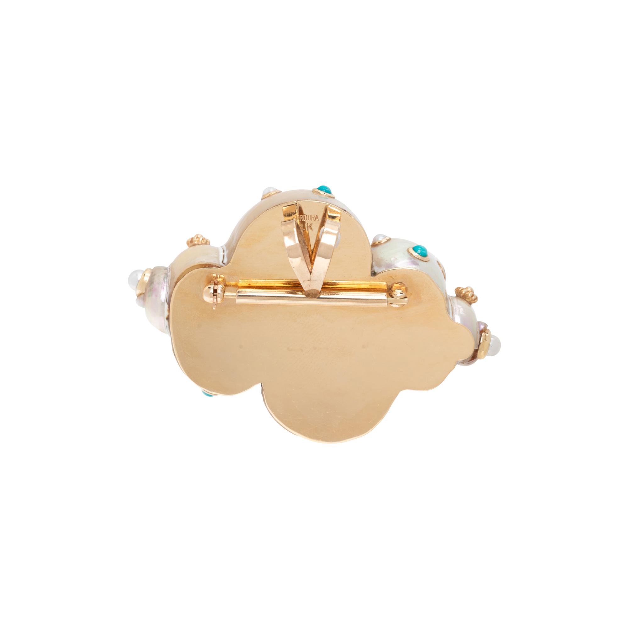 VERDURA, DIAMOND, TURQUOISE, CULTURED PEARL AND SHELL BROOCH