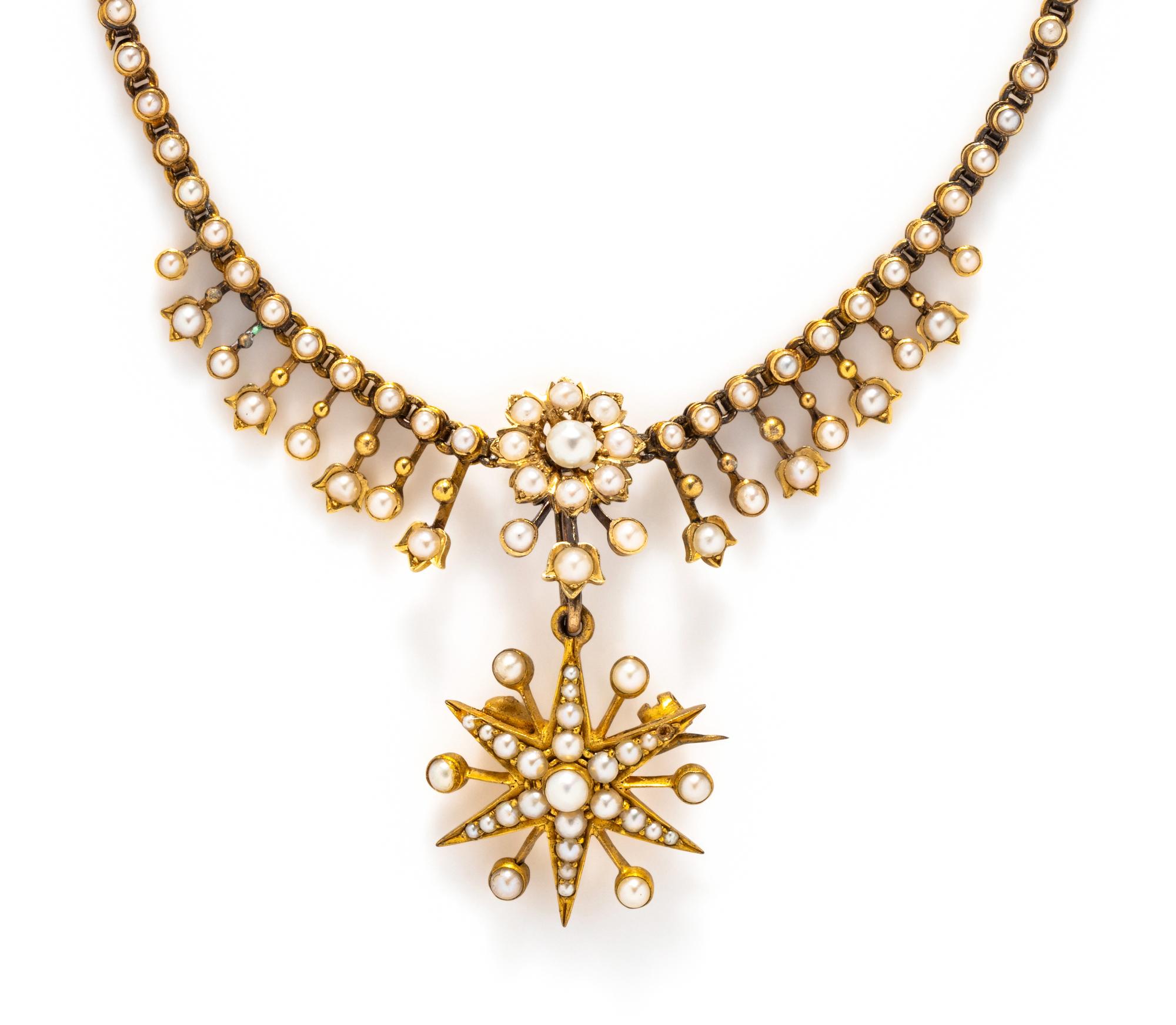 VICTORIAN, YELLOW GOLD AND SEED PEARL NECKLACE